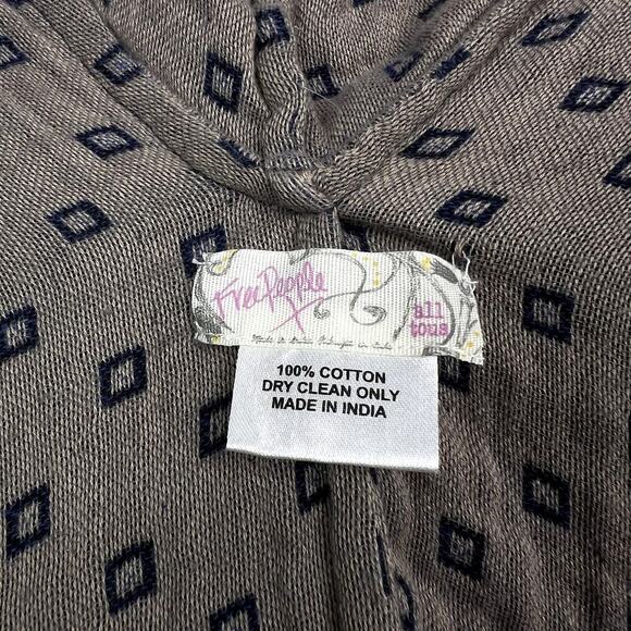 Free People Navy Blue Printed Poncho Hooded Fringe Shawl Kimono Boho One Size - Picture 3 of 4